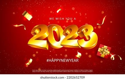 2023 Happy New Year vector holiday on red background. Shiny party background.  3d Gold Number New Year 2023 with glitter gold confetti and serpentine.Festive premium template for holiday. Vector EPS10