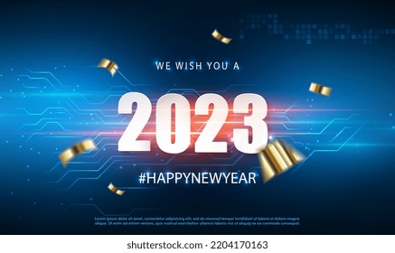 2023 Happy New Year vector holiday in technology sci fi circuit design innovation concept background. White Numeral 2023 with glitter gold confetti. Hitech digital for calendar, cover, catalog. Vector