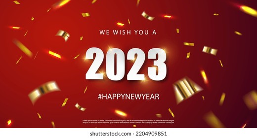 2023 Happy New Year vector on red background. Shiny celebration party background. White Numeral 2023 with glitter gold confetti and serpentine. Festive premium template for holiday. Vector EPS10.