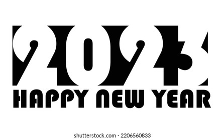 2023 Happy New Year Vector Logo Black And White Retro Design With Text. Simple Illustration Isolated On White Background. Clip Art Element For Calendar Notebook, Poster, Greeting Card