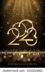 2023 Happy New year vector banner vector template. Winter holiday, christmas congratulations. Festive postcard, luxurious greeting card concept. 2023 number with golden glitter illustration.