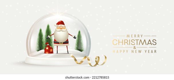 2023 happy new year vector card, background. Noel baba in Christmas decoration banner. Christmas tree and glass snow globe