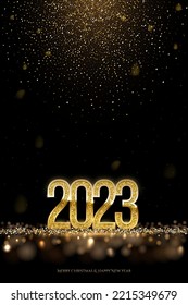 2023 Happy New year vector banner vector template. Winter holiday, christmas congratulations. Festive postcard, luxurious greeting card concept. 2023 number with golden glitter illustration.