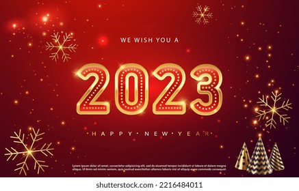 2023 Happy New Year vector holiday on sparkle red banner design template. Shiny gold 2023 new year greetings on red background. Gold Numeral 2023. Festive premium template for holiday. Vector EPS10.
