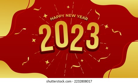 2023 Happy New Year vector holiday on festive red background and Gold Numeral 2023. Festive premium template for holiday, cerebration, party. Vector illustration