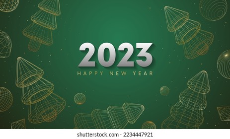 2023 Happy New Year vector holiday on green background with glitter gold confetti, Christmas tree and Christmas balls, golden decorative wireframes 3d geometric shapes