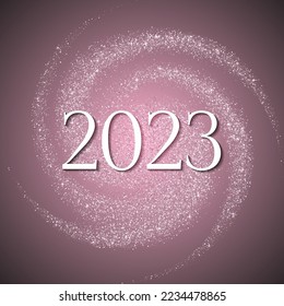 2023 Happy New Year vector greeting card. Confetti particles font calligraphy. 2023 of confetti scatter. Luxury pink gold banner. Spiral helix spin background, pink rose gold grain scatter