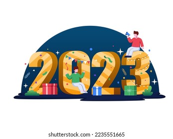 2023 Happy New Year Vector illustration concept. 
People celebrating 2023 New year.
Suitable for greeting card, web, landing page, poster, marketing, social media, etc