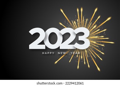 2023 Happy New Year  White numbers   firework black background  Merry Christmas   Happy New Year 2023 greeting card