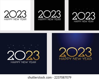 2023 Happy New Year. White, black and blue Background Design. Greeting Card, Banner, Poster. Vector Illustration. Shining stars with simple modern flat design.