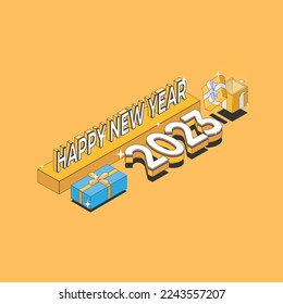 2023 hapy new year, Isometric design, modern,  3d isometric text, For banners, greeting cards, websites