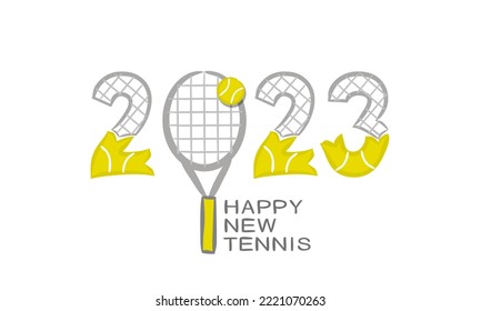 2023 Have a happy new Tennis. Sport motivating card. Logo with hand drawn numbers, tennis racket and ball. Vector illustration for sport projects, posters and banners