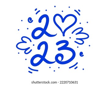 2023 with a heart font composition in the style of doodle. Cute New Year vector illustration for holiday decoration, souvenirs, posters, calendar covers, diaries