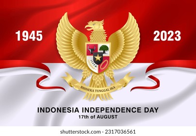 2023 indonesia independence day background design with garuda, ribbon and indonesia flag