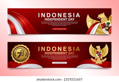 2023 indonesia independence day banner design with golden garuda, ribbon and indonesia flag