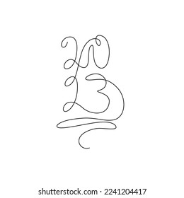 2023 inscription, two thousand and twenty three continuous line drawing, calendar design postcard banner, calligraphy 2023 year sign lettering, single line on white background, vector line art.