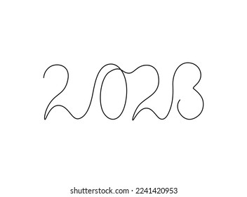 2023 inscription, two thousand and twenty three continuous line drawing, calendar design postcard banner, calligraphy 2023 year sign lettering, single line on white background, vector line art.