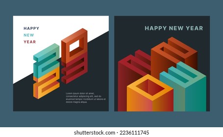 2023 isometric set of New Year posters. Abstract design typography logo 2023 for vector celebration and season decoration, backgrounds, branding, banner, cover, card and or social media template.