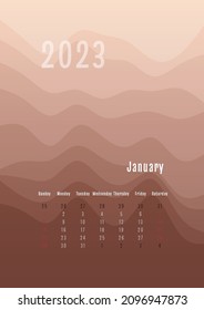 2023 january vertical calendar every month separately. monthly personal planner template. Peak silhouette abstract gradient colorful background, design for print and digital.