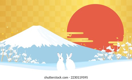 2023 Japanese New Year's sale banner background . Vector illustration of rabbits, Mount Fuji and the first sunrise of the new year in winter landscape.