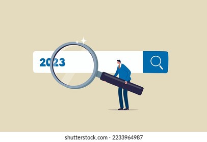 2023 job research. New Year resolution. Business opportunities or career challenges. Man holding magnifying glass for search box. illustration