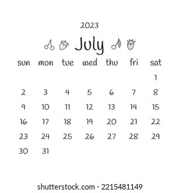 2023 july calendar with cherries and strawberries. Black and white modern calendar, monthly planner. Vector hand drawn doodle illustration. Modern simple design. Summer month