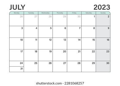 2023 July illustration vector desk calendar or planner weeks start on Monday in light green and gray theme