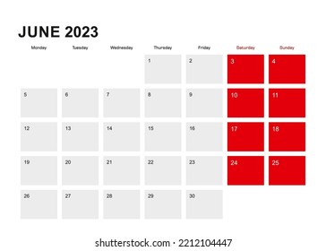2023 June planner calendar design. Week starts from Monday. Vector illustration.