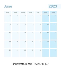 2023 Juni Wandplaner in blau pastellfarben, Woche beginnt am Montag. Kalender für Juni 2023 mit blauem Quadrat und mit dem Tag des Vorjahres und des nächsten Monats.