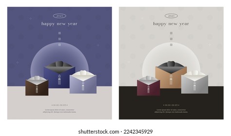 2023 korean Lunar New Year Event Page template. Gift set wrapped with traditional crepe and ornaments. Modern layout, Gradient color. Banner, poster, flyer, greeting card. Trendy vector illustration.