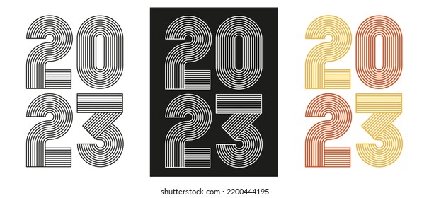 2023 line art design. Retro, 70s style numbers. Happy New  Year design element for calendar card, brochure, cover.