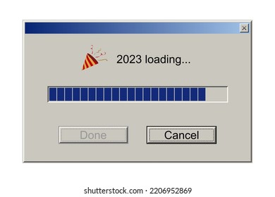 2023 loading notification message in classic retro style of system user interface vector illustration. Retro download bar and buttons, window design mockup with upload progress of New Year holiday