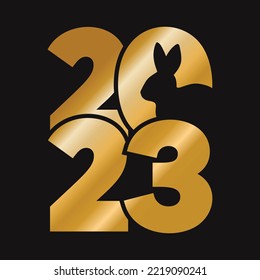 2023 logo with rabbit. A cool and stylish golden icon. The Chinese new year 2023. Vector graphic illustration.