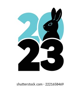 2023 logo with rabbit. Cool and stylish black and blue icon. The Chinese new year 2023. Vector graphic illustration.