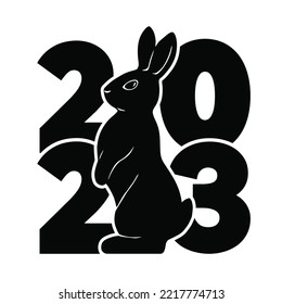 2023 logo with rabbit. Modern and stylish black and white icon. The Chinese new year 2023. Vector graphic illustration.