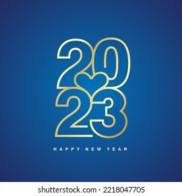 2023 Love Happy New Year 2023 beautiful white modern golden line design typography logo blue background greeting card