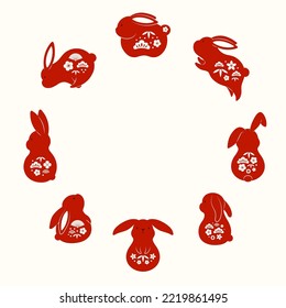 2023 Lunar, Chinese, Japanese New Year cute funny rabbits round frame, red and white. Eastern zodiac sign. Vector illustration. Flat style design. Concept for holiday card, banner, poster, decor.