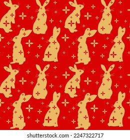 2023 Lunar New Year rabbits seamless pattern. Outlines red rabbits with traditional chinese ornament on the golden background. Vector isolated illustration in flat style. Perfect for textile prints