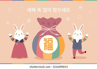 2023 Lunar New Year Seollal cute rabbits in hanboks, lucky bag sebaetdon, Korean text Happy New Year. Hand drawn vector illustration. Flat style design. Concept for holiday card, poster, banner.