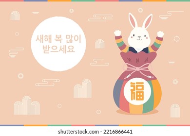 2023 Lunar New Year Seollal cute rabbit in hanbok, lucky bag sebaetdon, sun, Korean text Happy New Year. Hand drawn vector illustration. Flat style design. Concept for holiday card, poster, banner.