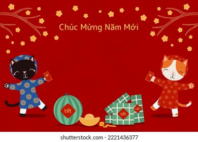 2023 Nochevieja lunar Tet lindo cats en ao dai, sobre rojo, pasteles de arroz, oro, texto vietnamita Feliz Año Nuevo. Ilustración vectorial dibujada a mano. Diseño de estilo plano. Concepto de tarjeta de vacaciones, afiche, cartel