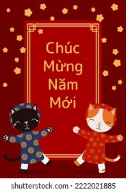 2023 Lunar New Year Tet cute cats in ao dai, red envelope, apricot flowers, Vietnamese text Happy New Year. Hand drawn vector illustration. Flat style design. Concept for holiday card, poster, banner.