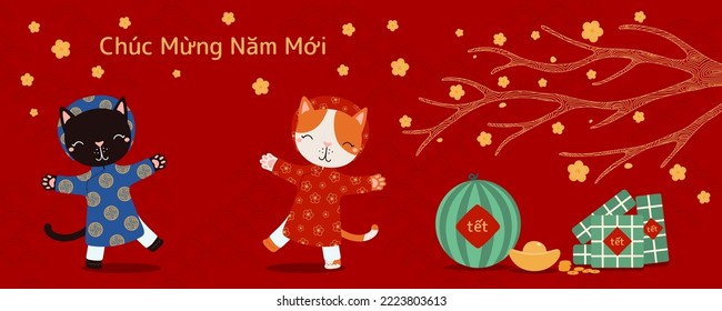 2023 Lunar New Year Tet cute cats in ao dai, rice cakes, watermelon, gold, apricot flowers, Vietnamese text Happy New Year. Hand drawn vector illustration. Flat style design. Concept for card, banner.