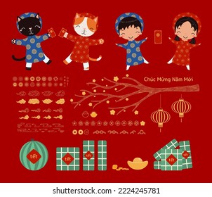 2023 Colección de elementos del Año Nuevo Lunar, gatos lindos, niños, sobre rojo, pasteles de arroz, sandía, oro, flores, texto vietnamita Feliz Año Nuevo. Ilustración vectorial dibujada a mano. Diseño de estilo plano.