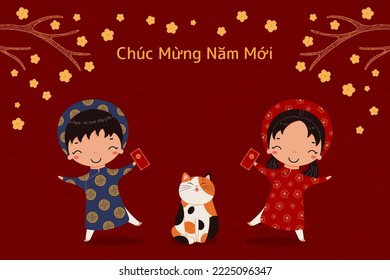 2023 Lunar New Year Tet cute kids in ao dai, cat, red envelope, apricot flowers, Vietnamese text Happy New Year. Hand drawn vector illustration. Flat style design. Concept holiday card, poster, banner