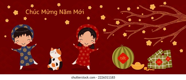 2023 Nochevieja lunar niños lindos en ao dai, gato, pasteles de arroz, sandía, oro, flores, texto vietnamita Feliz Año Nuevo. Ilustración vectorial dibujada a mano. Diseño de estilo plano. Concepto de tarjeta, cartel.