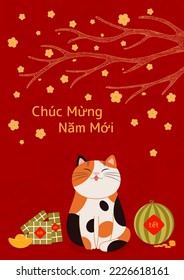 2023 Lunar New Year Tet cute cat, rice cakes, watermelon, gold, apricot flowers, Vietnamese text Happy New Year. Hand drawn vector illustration. Flat style design. Concept holiday card, poster, banner