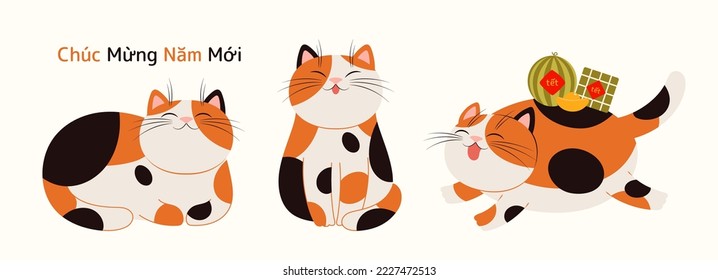 2023 Lunar New Year Tet cute cartoon cats collection, rice cakes, gold, Vietnamese text Happy New Year. Flat style vector illustration. Domestic animal, pet, isolated on white. Design element, clipart - Shutterstock ID 2227472513