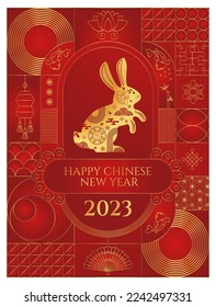 2023 Lunar Rabbit New Year Card. Geometric chinese pattern. Red golden asian luxury ornament. Eastern vector creative motif. Oriental, japanese template for greeting ad banner, poster and calendar.