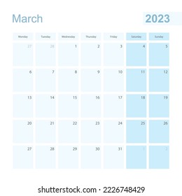 2023 March wall planner in blue pastel color, week starts on Monday. Calendar for March 2023 with blue square and with day of previous and next month.